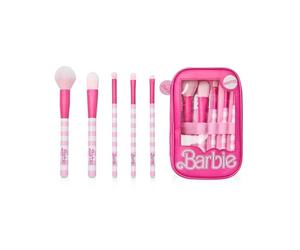 Barbie Juego de brochas de maquillaje para mujer | Beauty Blenders con estuche de almacenamiento con cremallera en Rosa | Pinceles faciales de belleza suaves a rayas y bolsa