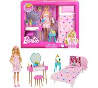 Barbie - Juego de dormitorio de Barbie, incluye una muñeca de pijama HPT55