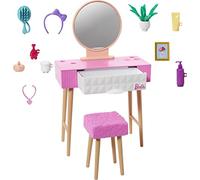 Barbie Juego de Muebles y Accesorios, decoración de casa de muñecas, más de 10 Piezas para tocador, Incluyendo Soporte con Espejo, Taburete, Productos de Belleza y más