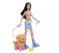 Barbie: Juego de patinaje y paseo de perros - muñeca morena