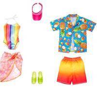 Barbie & Ken Fashions - Juego de Ropa y Accesorios, 1 Traje de baño, Pareo y Visera para muñeca Barbie y 1 Camisa Tropical, Traje de baño y Zapatos para muñeca Ken