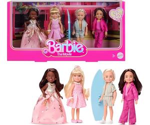 Barbie La película Chelsea Pack de 4 muñecos coleccionables, Incluye, Ken, presidenta y Gloria con Conjuntos Intercambiables, JBH77