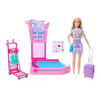 Barbie ‘Malibu’ Family & Friends Aventuras sin límites, muñeca de Moda Rubia con estación de Recogida de Equipaje, Maleta, Carrito, Cinta transportadora y Bolso, JMJ49