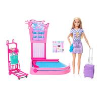 Barbie Malibu Family y Friends Aventura sin límites Muñeca rubia | con recogida de equipaje, maletas, carrito, cinta transportadora y equipaje de mano, JMJ49