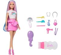 Barbie Mechas arcoíris Muñeca con Melena extralarga y Colorida con 12 Accesorios para peinarla, como un Tubo de Purpurina, un Cepillo, Pinzas, un secador de Pelo, etc., JJP07