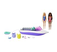 Barbie Mermaid Power Barco que flota con dos muñecas Malibu y Brooklyn con bañador y accesorios acuáticos, juguete de regalo +3 años (Mattel HHG60)