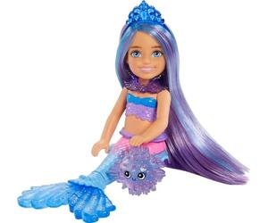 Barbie Mermaid Power Chelsea Muñeca sirena con pelo largo azul y morado, cola de purpurina, cofre y accesorios, juguete +3 años (Mattel HHG57)