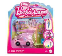 Barbie Mini Barbieland Coche descapotable que cambia de color con el agua para mini figuras con muñeca pequeña morena y señal de tráfico, juguete +4 años (HYF42)