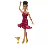 Barbie Bailarina de concurso Muñeca con vestido rojo con volantes, zapatos de baile y pelo castaño, accesorio de trofeo de baile, JFR09
