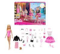 Barbie Muñeca Calendario de Adviento navideño con 24 sorpresas de ropa y accesorios, como chaqueta, falda, zapatos, bolsos y un cachorro, rubia, JFL63