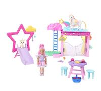 Barbie Muñeca Chelsea con caballo pegaso que cambia de color y set de juego con tobogán, establo y accesorios, de la serie Un toque de magia, juguete +3 años (JCW56)