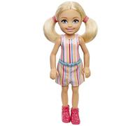 Barbie Muñeca Chelsea, muñeca pequeña con coletas rubias y Ojos Azules en Vestido a Rayas extraíble y Botas Rosas