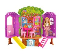 Barbie Muñeca Chelsea, Set de casita del árbol y Accesorios | Muñeca pequeña, cachorro, incluye casita del árbol con muebles temáticos, tobogán y más de 10 accesorios, +3 años, HPL70