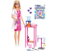 Barbie Muñeca científica y accesorios con muñeca de moda rubia, mesa de laboratorio, microscopio y accesorios de probeta que cambia de color y placa de Petri, JCR70