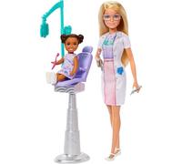 Barbie Muñeca Dentista JCR74 – Rubia con vestido azul, bata médica, mobiliario y accesorios