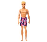 Barbie Muñeca de playa Ken con pelo rubio con traje de baño morado, juguetes de piscina y playa Barbie