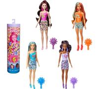 Barbie Muñeca de revelación de color y accesorios con 6 sorpresas de desembalaje, serie temática de Groovy con corpiño que cambia de color, inspirado en los años 60