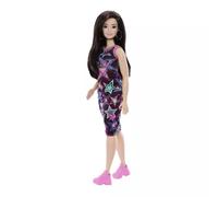 Barbie Fashionistas Muñeca n.º 251 con pelo castaño | Con vestido con estampado de estrellas multicolor y zapatillas rosas, JJN64