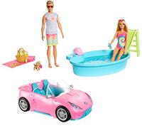 Barbie muñeca Ken en bañador de Arcoiris, con Perrito, Piscina y Coche Convertible (Mattel GJB71)