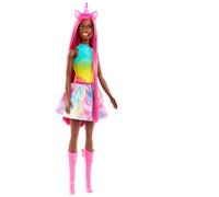 Barbie Muñeca Morena Unicornio con Pelo Extra Largo Rosa, Conjunto arcoíris y Ac