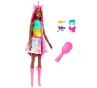 Barbie Muñeca Morena Unicornio con Pelo Extra Largo Rosa, Conjunto arcoíris y Accesorios para peinar, de la Serie Un Toque de Magia, Juguete +3 años (Mattel HRR01)