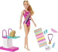 Barbie Muñeca Nada y bucea, trampolín y Perrito de Juguete, Regalo para niñas de 3 a 7 años (Mattel GHK23)