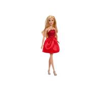 Barbie Mattel 80 aniversario Muñeca de moda de celebración rubia con vestido rojo rubí, collar y zapatos plateados, juguete coleccionable, JGD25
