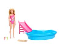 Barbie Muñeca Rubia con bañador Rosa, Piscina, tobogán y Acces (Importación USA)