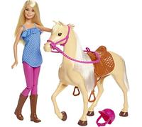 Barbie, Muñeca Rubia, con modelito de equitación, Casco, y Caballo marrón Claro con Crin y Cola Blancas y Suaves, Regalo para niñas de 3 a 7 años, FXH13
