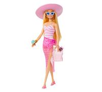 Barbie Muñeca Rubia con Traje de baño Rosa y Blanco, Sombrero, Bolso y Accesorios de Playa +3 años, HPL73