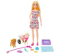 Barbie Muñeca Rubia paseadora de Perro con Silla de Ruedas extraíble, con 2 Masc