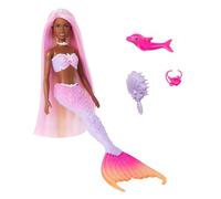 Barbie Muñeca sirena Brooklyn que cambia de color con el agua con accesorios de moda y delfín, serie Un toque de magia, juguete +3 años (Mattel HRP98)