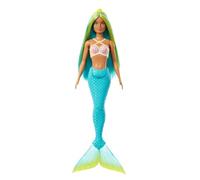 Barbie Muñeca Sirena con Cabello de fantasía Azul y Amarillo y Diadema, Juguete con corpiño de Conchas y Cola de Color Turquesa - para niños y niñas + 3 años, HRR03