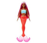 Barbie Muñeca Sirena con Cabello de fantasía Magenta y Diadema, Cuerpo con Curvas, corpiño de Conchas y Cola Tropical roja - para niños y niñas + 3 años, HRR04