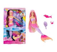 Barbie Muñeca sirena Malibú que cambia de color con el agua con accesorios de moda y delfín, serie Un toque de magia, juguete +3 años (Mattel HRP97)