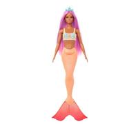 Barbie Muñeca Sirena Pelo Fucsia | Accesorio de cabello rosa y diadema, juguete con corpiño de estrella de mar y suave cola naranja, HRR05