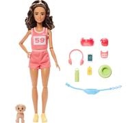 Barbie Style Made to Move Wellness Muñeca corredora con Camiseta y Pantalones Cortos Barbiecore Rosas, Cachorro y 9 Accesorios, como riñonera, Visera y Gafas de Sol, JNM28
