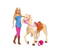 Barbie, Muñeca Rubia, con modelito de equitación, Casco, y Caballo marrón Claro con Crin y Cola Blancas y Suaves, Regalo para niñas de 3 a 7 años, FXH13