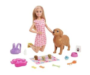Barbie Muñeca y Mascotas con mamá Perra y Cachorros | Rubia, con mamá perra, 3 cachorros recién nacidos con cambio de color y accesorios para mascotas, HCK75