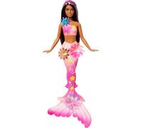 Barbie Muñecas de sirena con la característica de flores florecientes mágicas, colas con efecto degradado, accesorio de diadema de perlas y cabello largo castaño con mechas moradas, JDM73