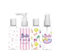 Barbie - Neceser Viaje Niños 4 Frascos 50ml - Kit Cabina Conforme Aerolíneas - Transparente e Impermeable - Ideal Vacaciones y Fines de Semana