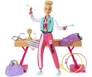 Barbie Olimpíadas, muñeca Gimnasta, Barra de equilibrios de Juguete y más de 15 Accesorios (Mattel GJM72)