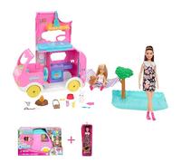 Barbie - Pack de 2 Juguetes - Camper con Chelsea (HNH90) + Muñeca Fashionista (HBV19) . Furgoneta de Juguete con muñeca y Accesorios de Acampada. Muñeca con Vestido de Margaritas y audífono. +3 años
