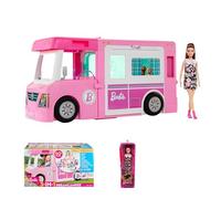 Barbie - Pack de 2 Juguetes - Dreamcamper 3 en 1 (GLH93) + Muñeca Fashionista (HBV19) . Caravana con 50 Accesorios, Barco y casa de muñecas. Muñeca con Vestido de Margaritas y audífono. +3 años