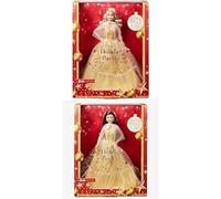 Barbie - Pack de 2 Juguetes - Signature Navidad: Muñeca Rubia (HJX08) + Muñeca Morena (HJX07) Muñecas de colección con Trajes Dorados de Gala con Estampado de Estrellas. +6 años