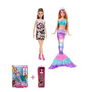 Barbie - Pack de 2 juguetes - Sirena luces mágicas (HDJ36) + Muñeca Fashionista (HBV19). Muñeca con pelo rosa y cola que se ilumina en el agua. Muñeca con vestido de margaritas y audífono. +3 años