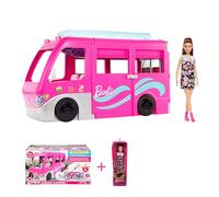 Barbie - Pack de 2 Juguetes - Supercaravana Dreamcamper (HCD46) + Muñeca Fashionista (HBV19) . Coche de Juguete con 60 Accesorios y tobogán. Muñeca con Vestido de Margaritas y audífono. +3 años