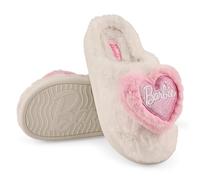 Barbie Pantuflas de casa para mujer con corazón esponjoso y logotipo, zapatos peludos de felpa suave, pantuflas acogedoras para interiores y hogar, Crema, 8-9