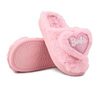 Barbie Pantuflas de casa para mujer con corazón esponjoso y logotipo, zapatos peludos de felpa suave, pantuflas acogedoras para interiores y hogar, Rosa claro, 6.5-7.5