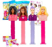 Barbie Paquete de 3 dispensadores PEZ, paquete con 3 soportes para caramelos más 12 paquetes de recambio y calcomanías, dispensador Barbie PEZ y recambios para niños y niñas (los estilos pueden variar